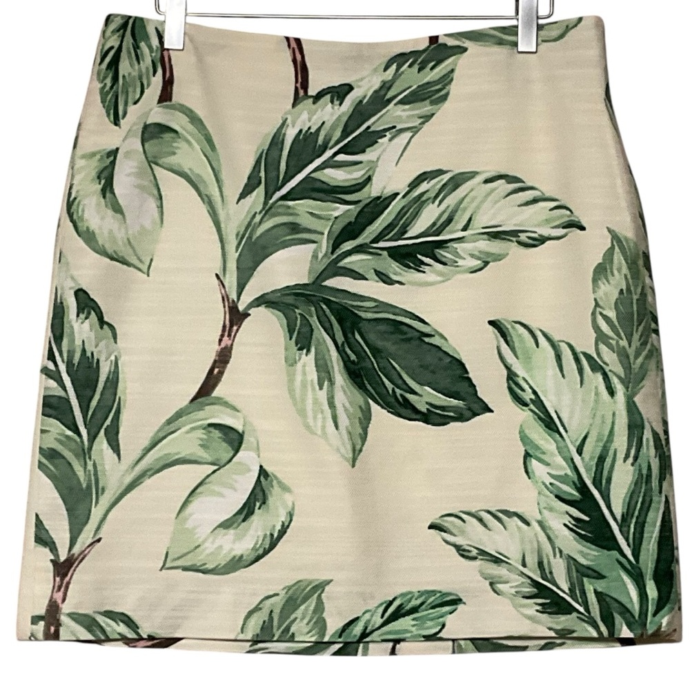 ANN TAYLOR sz 6 Leaf Print Skirt Short Mini Side Zip Lined Cotton Green Cream